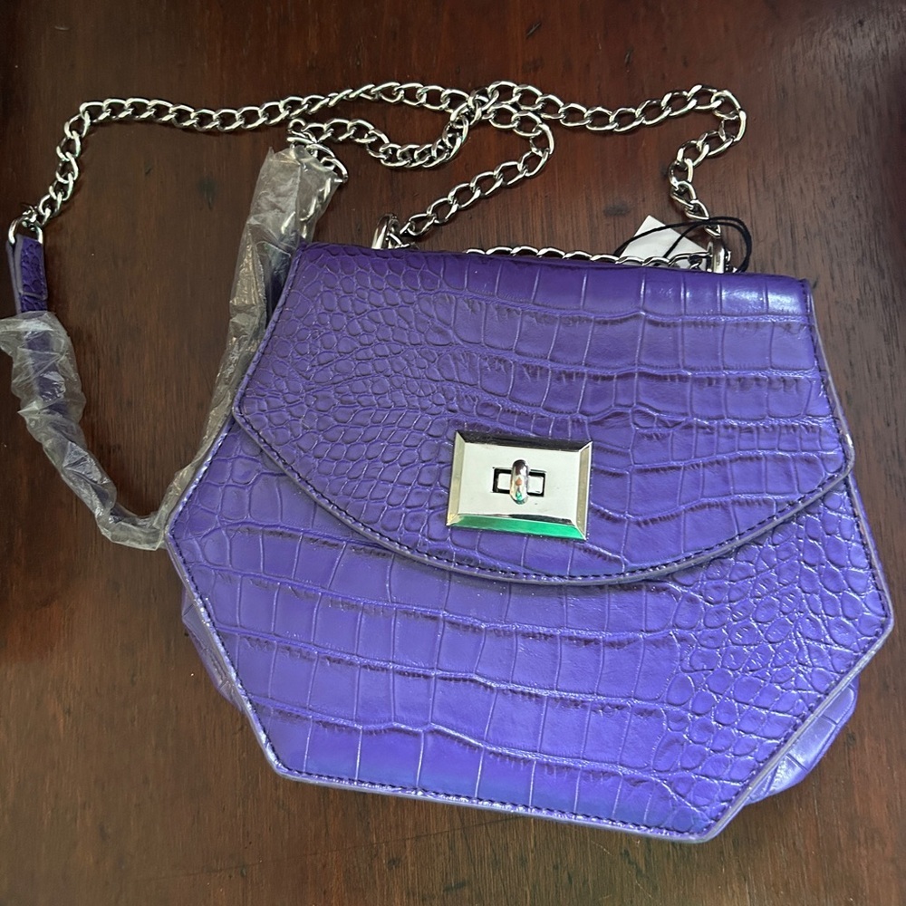 Purple Croc Embossed Bag Silver Shoulder Chain Bag NEW With Tags MOD Hexagon
